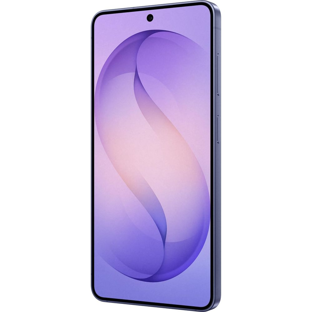 Un smartphone oscuro con una imagen de fondo morada y rosa.