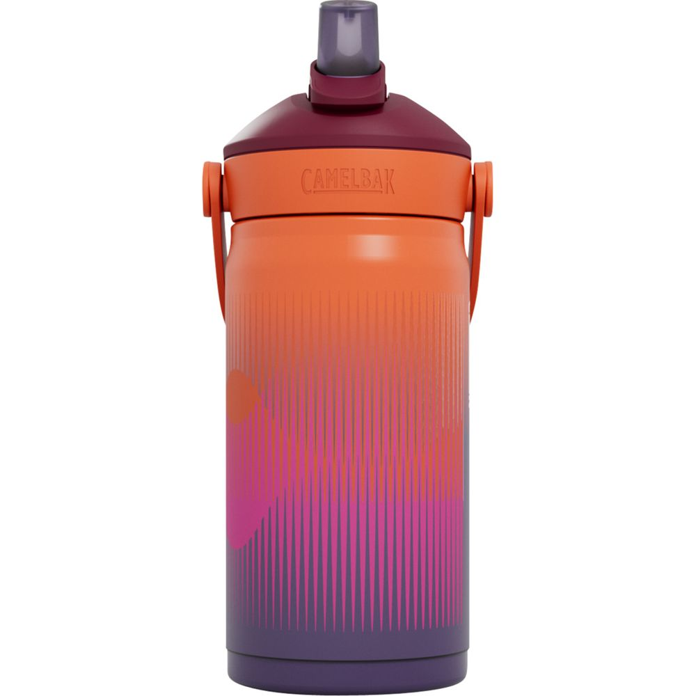 Orange und lila Camelbak-Flasche mit Griff und Strohhalm-Deckel.