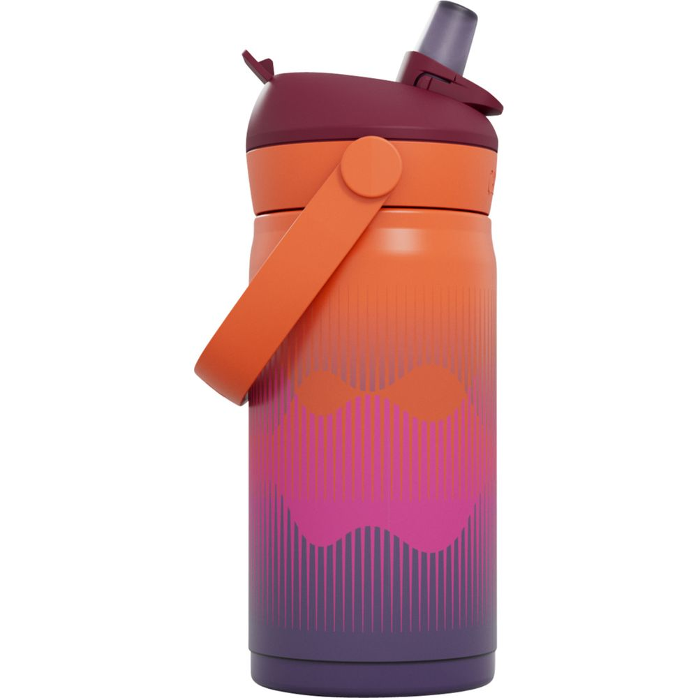 Eine orangefarbene Wasserflasche mit lila und pinkem Farbverlauf und einem Tragegriff.