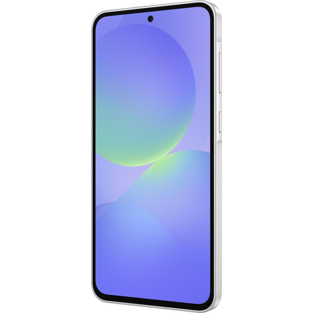 Uno smartphone moderno con cornice argentata e sfondo viola e verde.