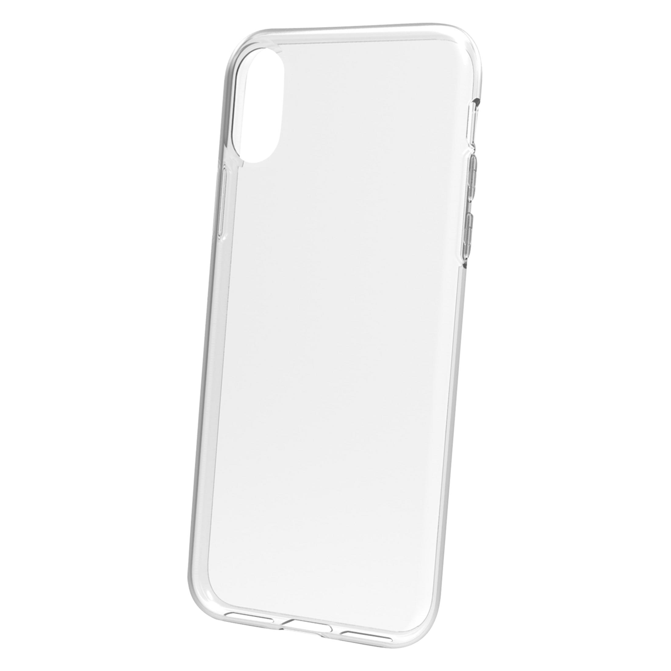 Una cover per telefono in plastica trasparente, su sfondo bianco.