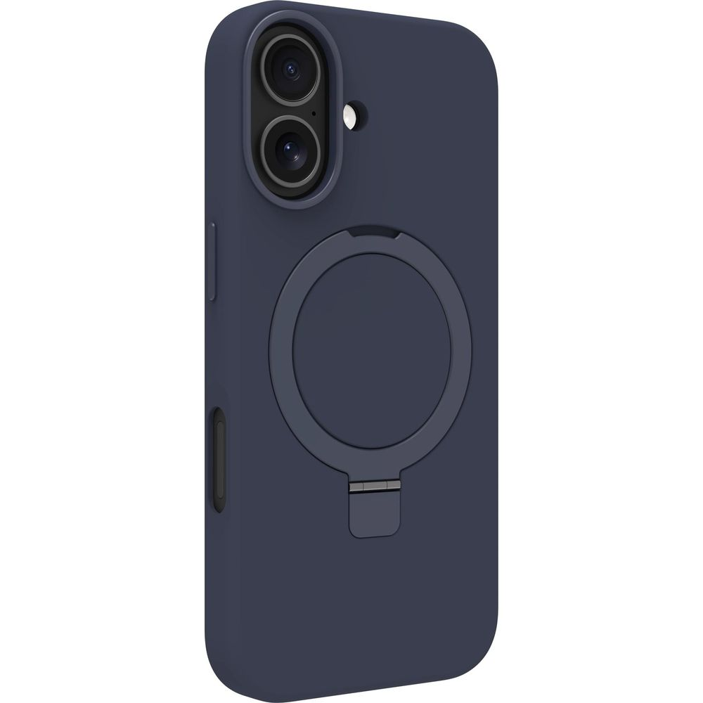 Custodia blu scuro con anello integrato e foro per fotocamera.