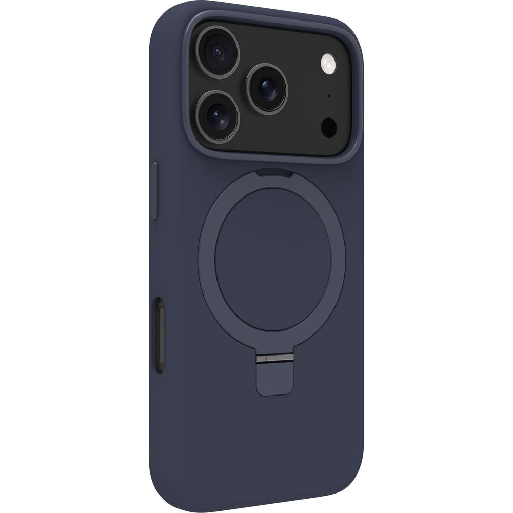 Funda de teléfono azul oscuro con triple cámara y soporte de anillo magnético.