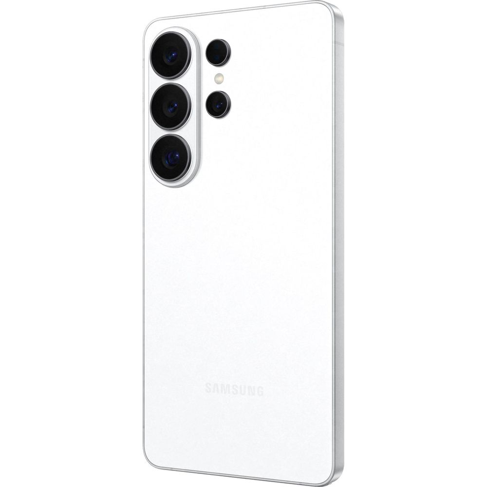 Ein weißes Samsung Smartphone mit drei Kameras auf der Rückseite.
