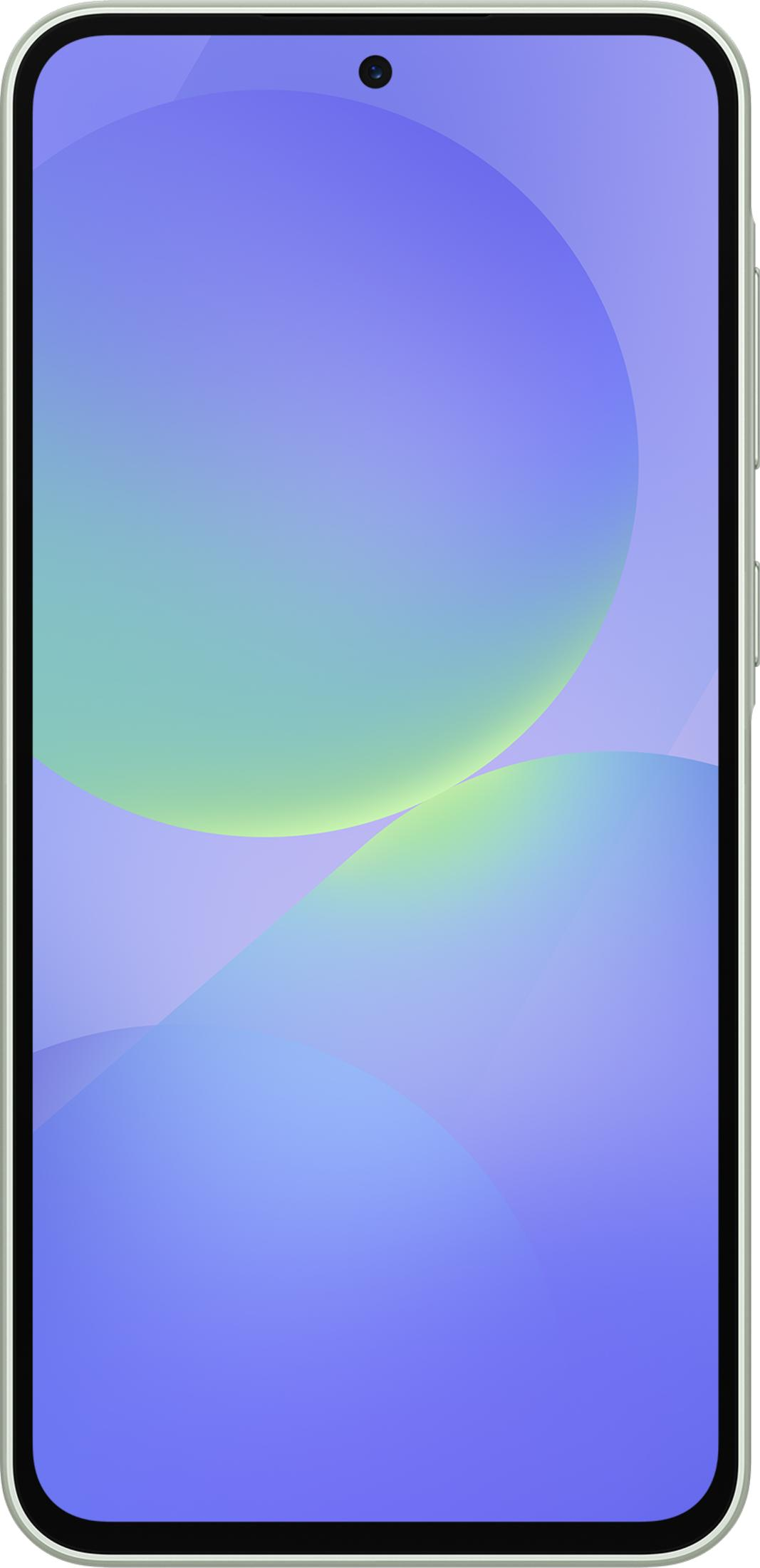 Ein helles Smartphone mit einem abstrakten, blauen und grünen Hintergrund.
