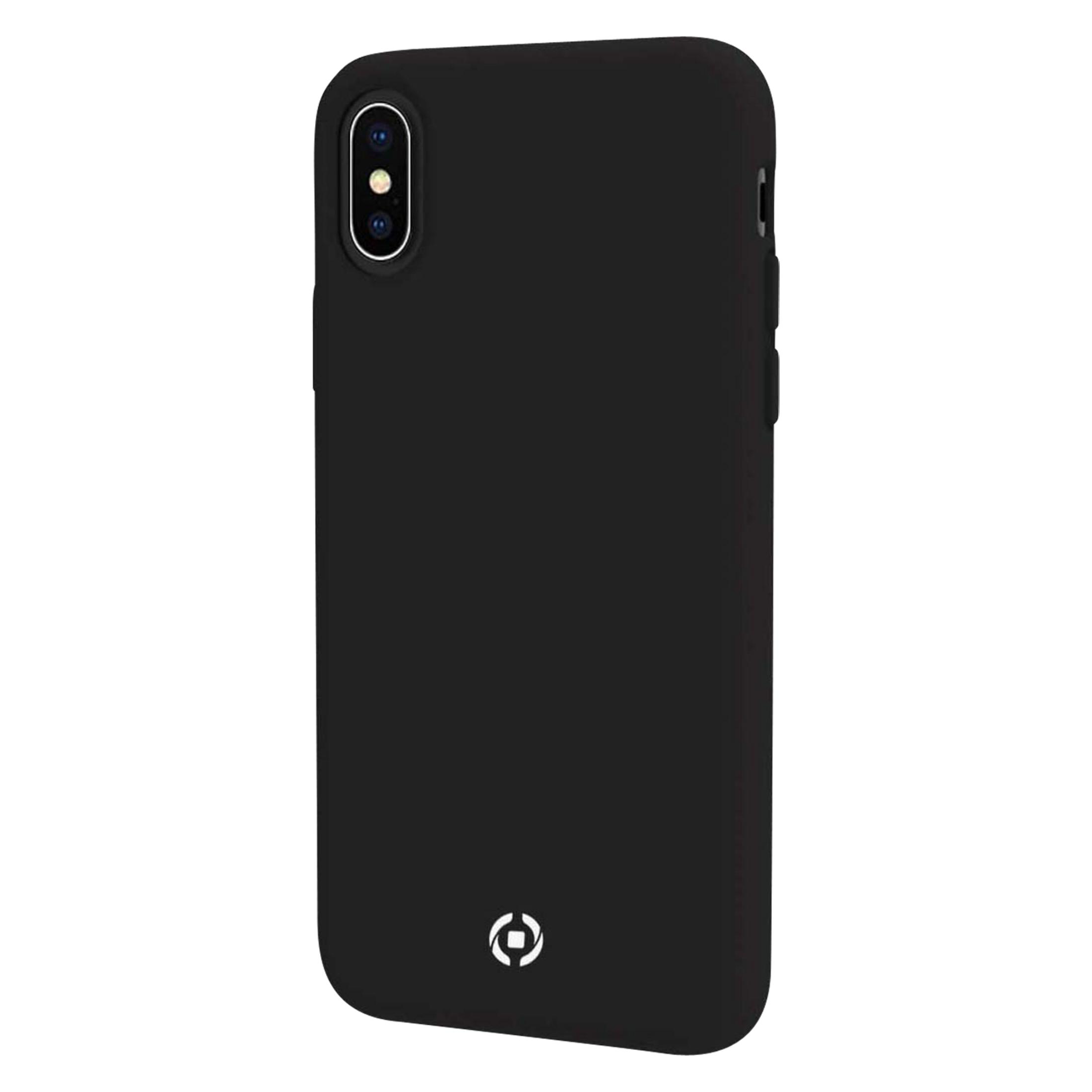 Cover nera per telefono con ritaglio fotocamera e logo su sfondo bianco.