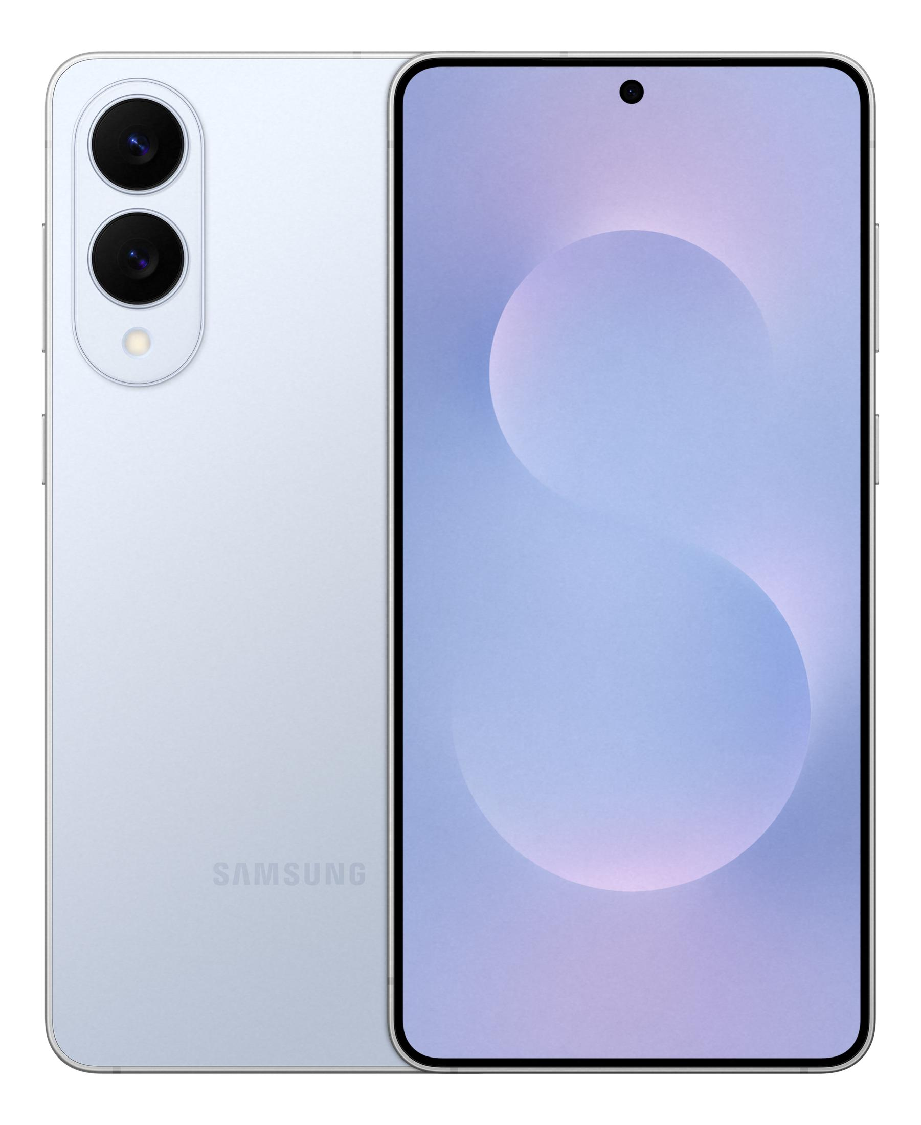 Jasnoniebieski smartfon Samsung z tylnymi aparatami i wyświetlaczem.