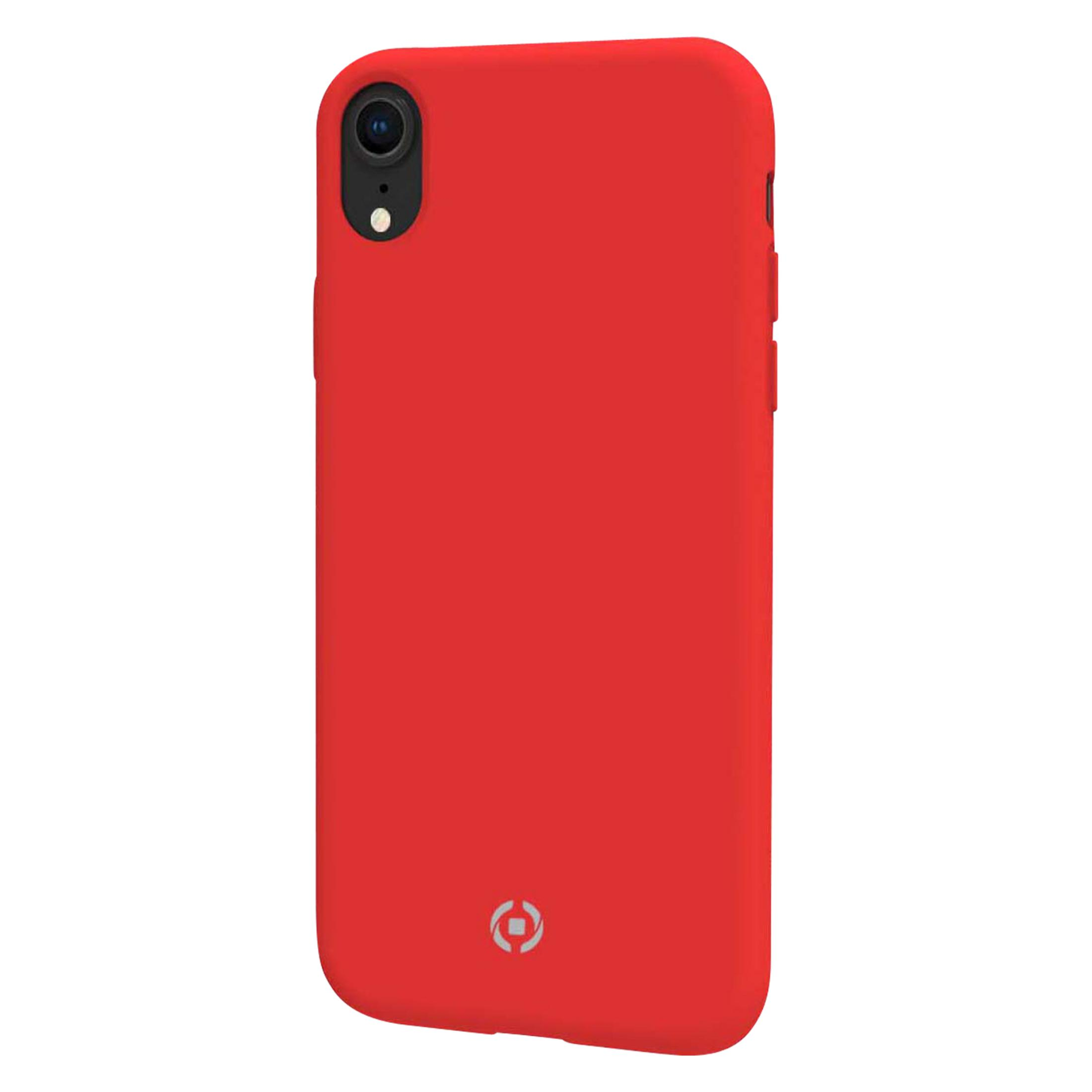 Custodia rossa per smartphone con ritaglio fotocamera e logo argento.