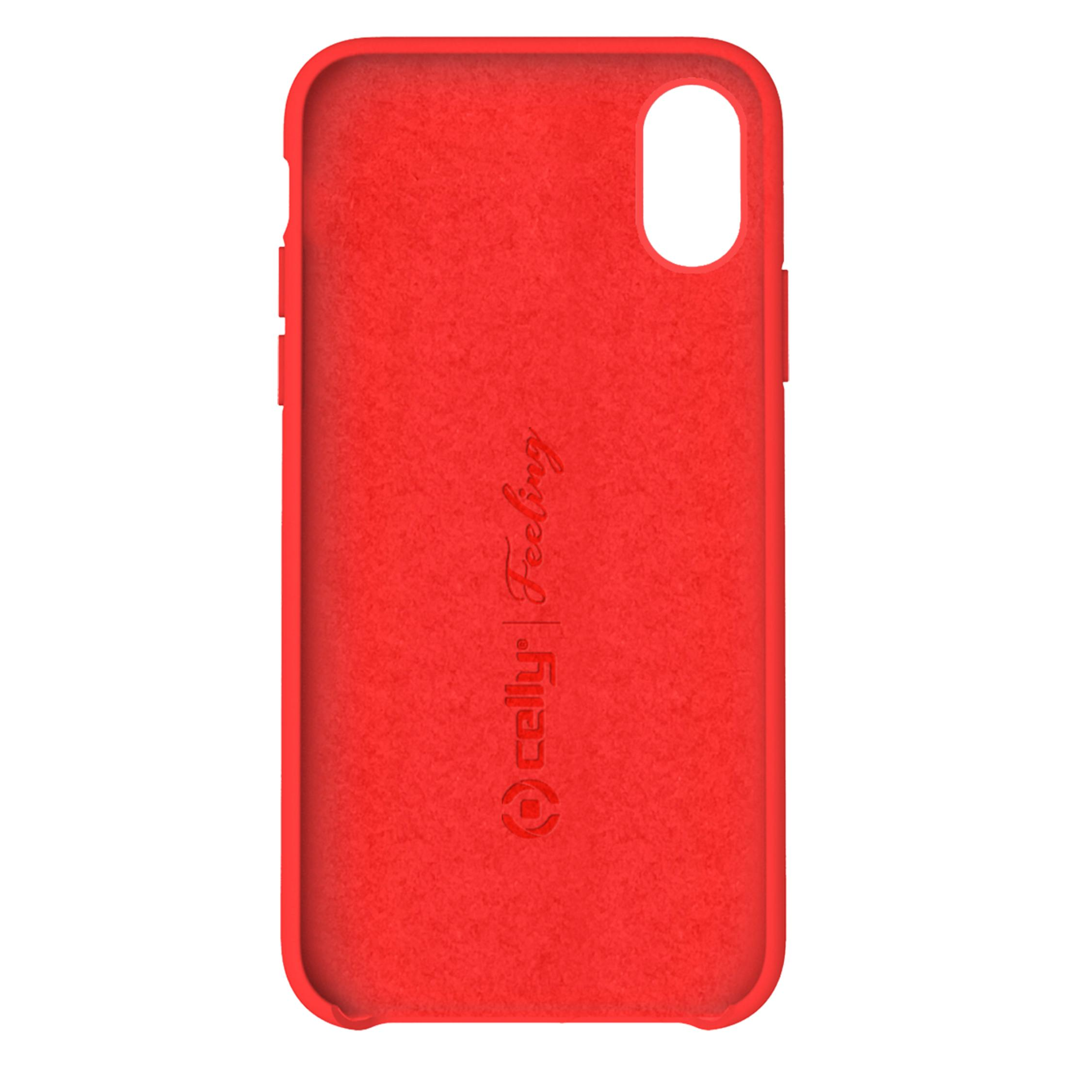 Una cover rossa per telefono con logo Celly e scritta 'Feeling'.