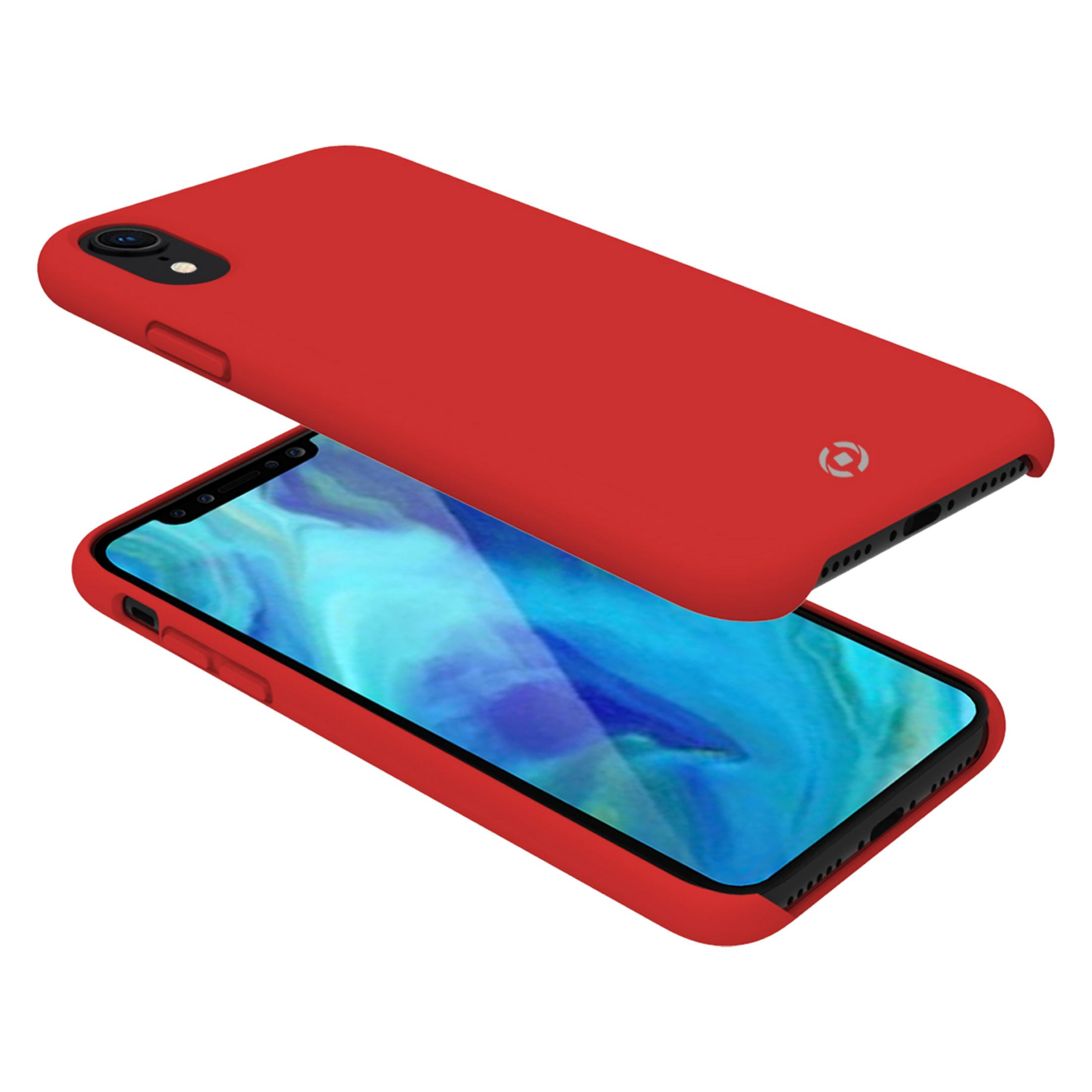 Custodia rossa per telefono che mostra schermo e lenti della fotocamera.