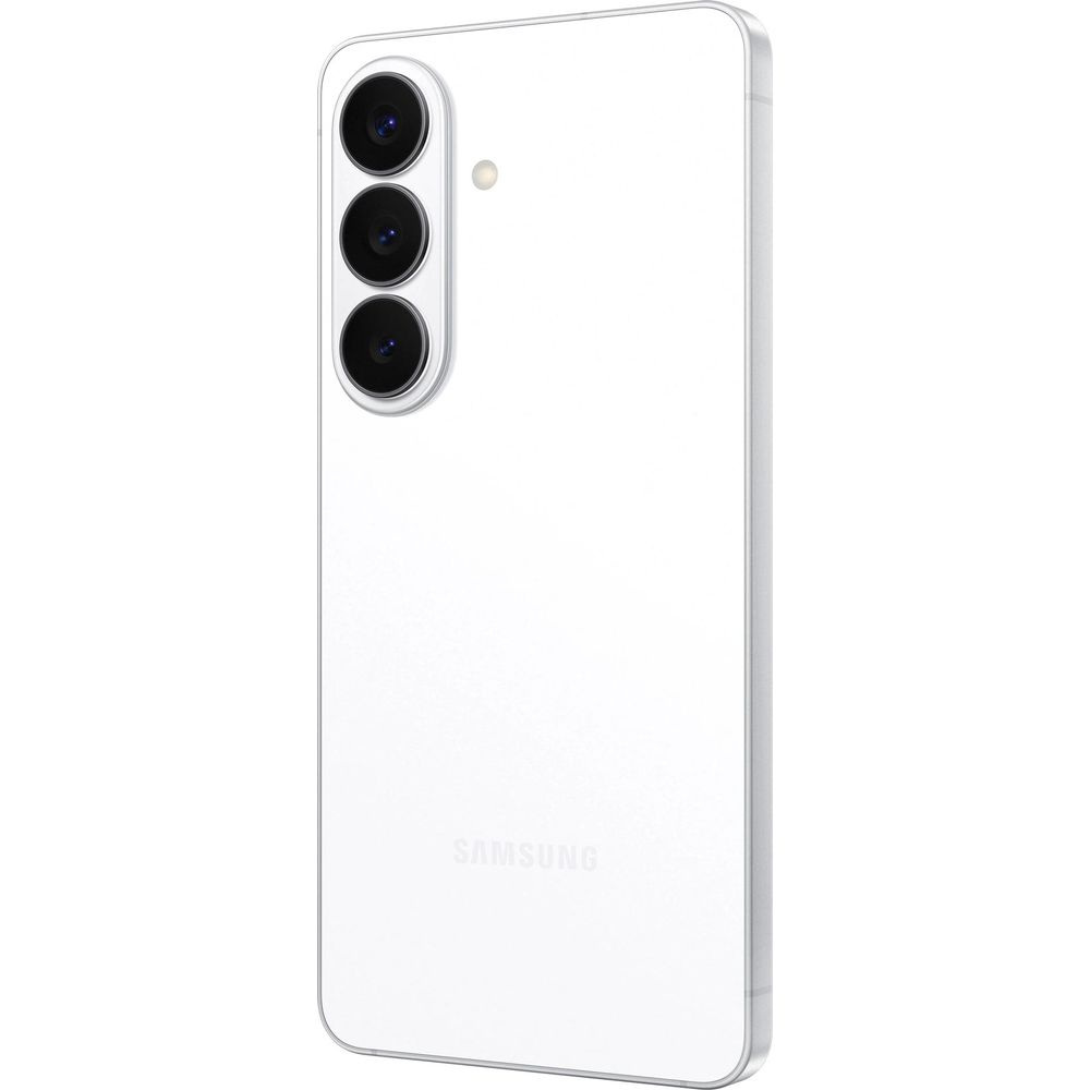 Ein weißes Samsung Smartphone mit drei Kameras auf der Rückseite.