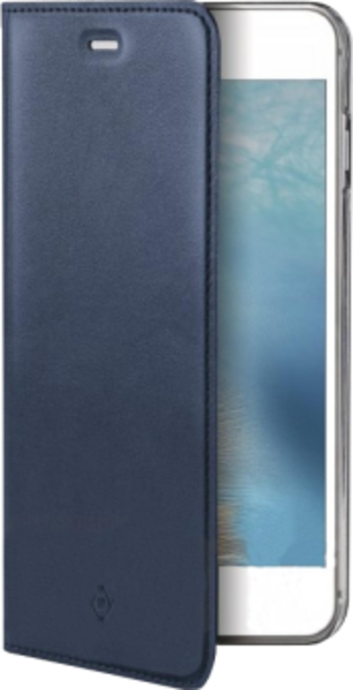 Custodia per telefono blu scuro in pelle con patta e smartphone.