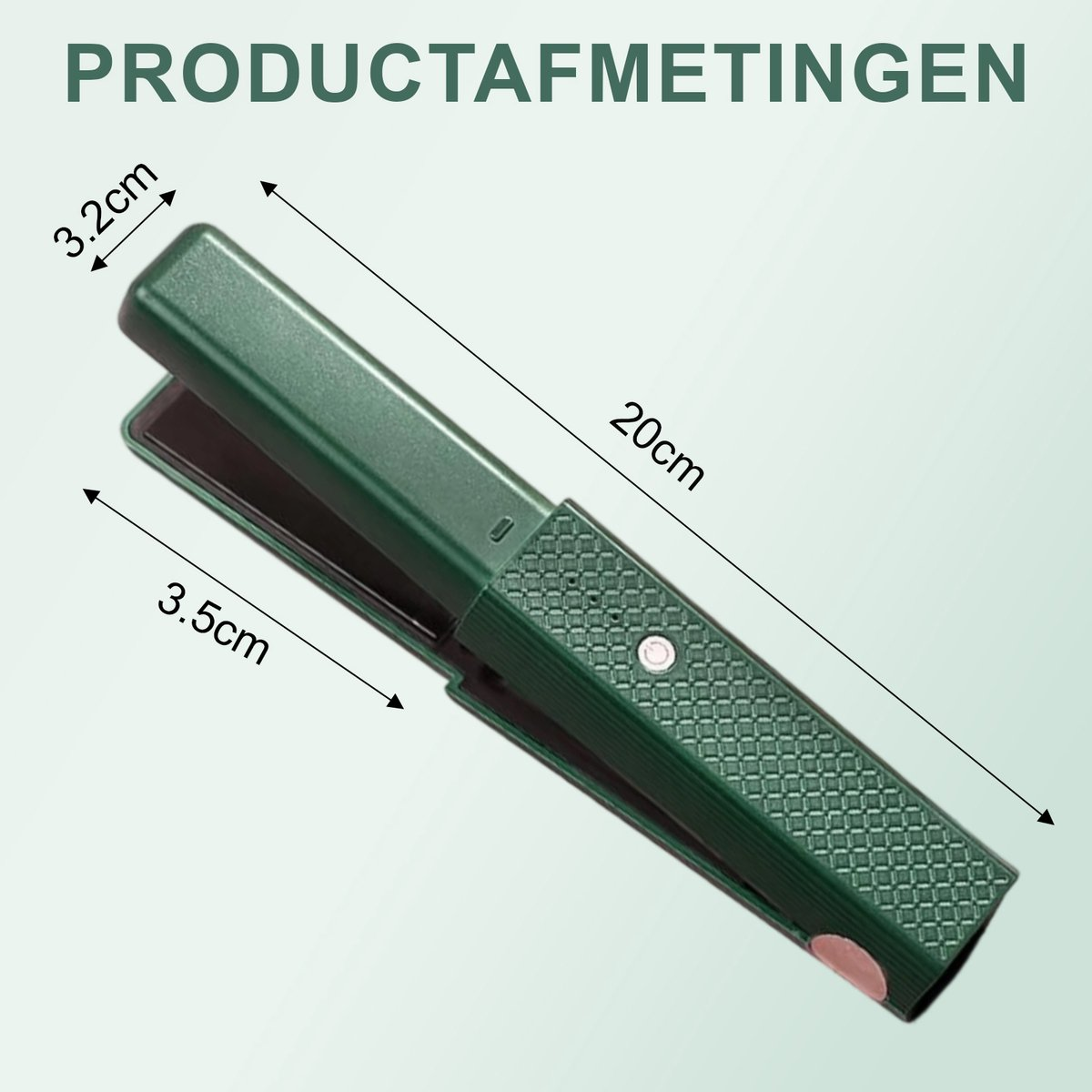 Grüner Glätteisen mit Maßen: 20cm Länge, 3.5cm Breite, 3.2cm Höhe.