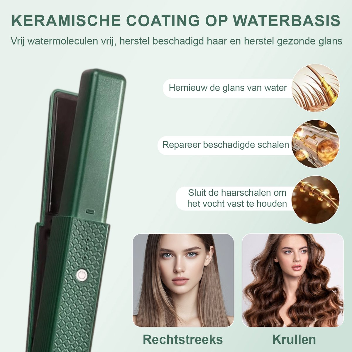 Grüner Glätteisen mit Tipps zur Haarpflege: Glanz, Reparatur, Feuchtigkeit.