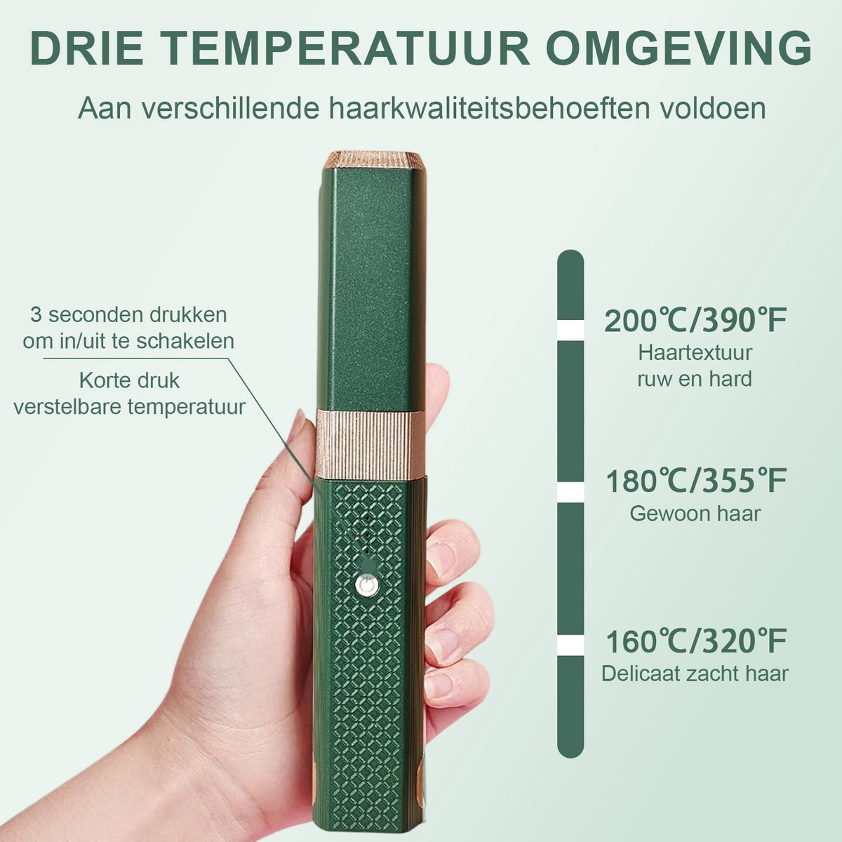 Ein grünes Haarstyling-Gerät mit Temperaturstufen: 200°C für raues Haar, 180°C für normales Haar, 160°C für feines Haar.