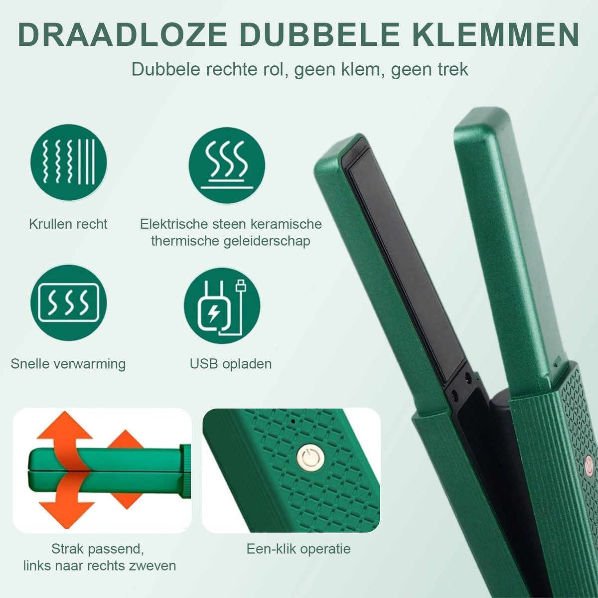 Drahtloser Glätteisen mit Symbolen für Locken, Wärme, Aufladen und Bedienung.
