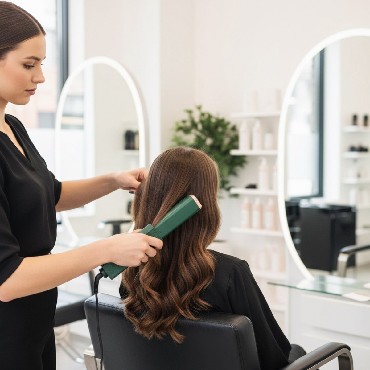 Friseurin glättet braune Haare mit einem grünen Glätteisen in einem Salon.
