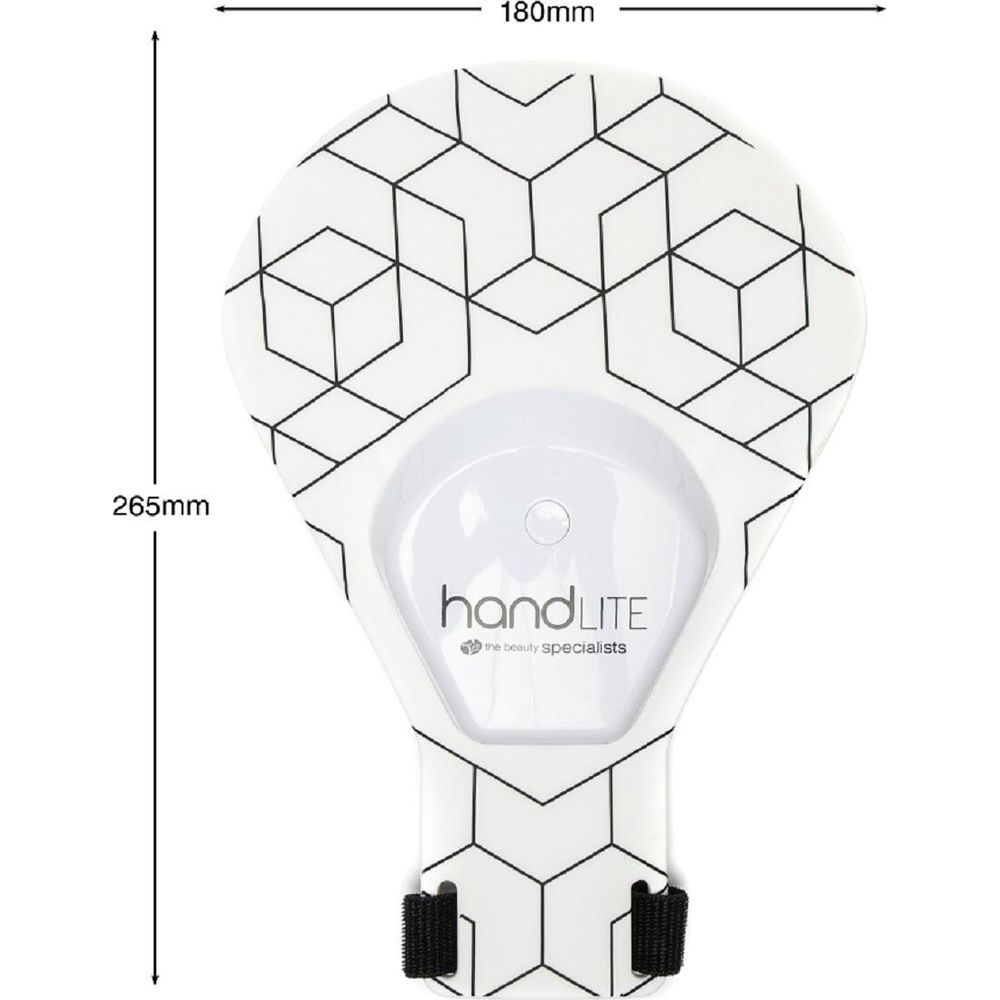 Ein weißes Handlicht mit schwarzem geometrischem Muster und Messangaben.