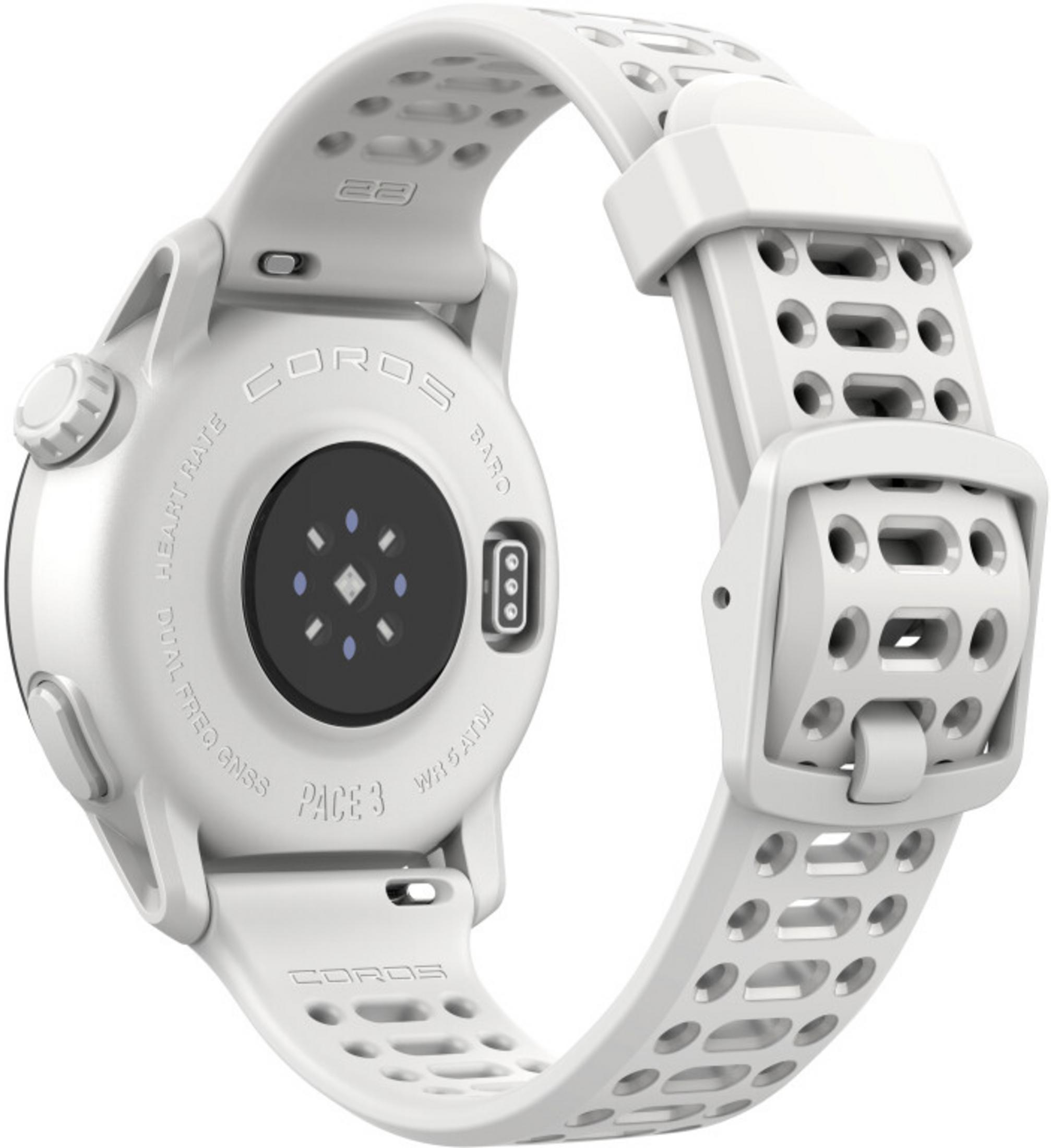 Biały smartwatch z czujnikiem tętna i perforowaną bransoletą.