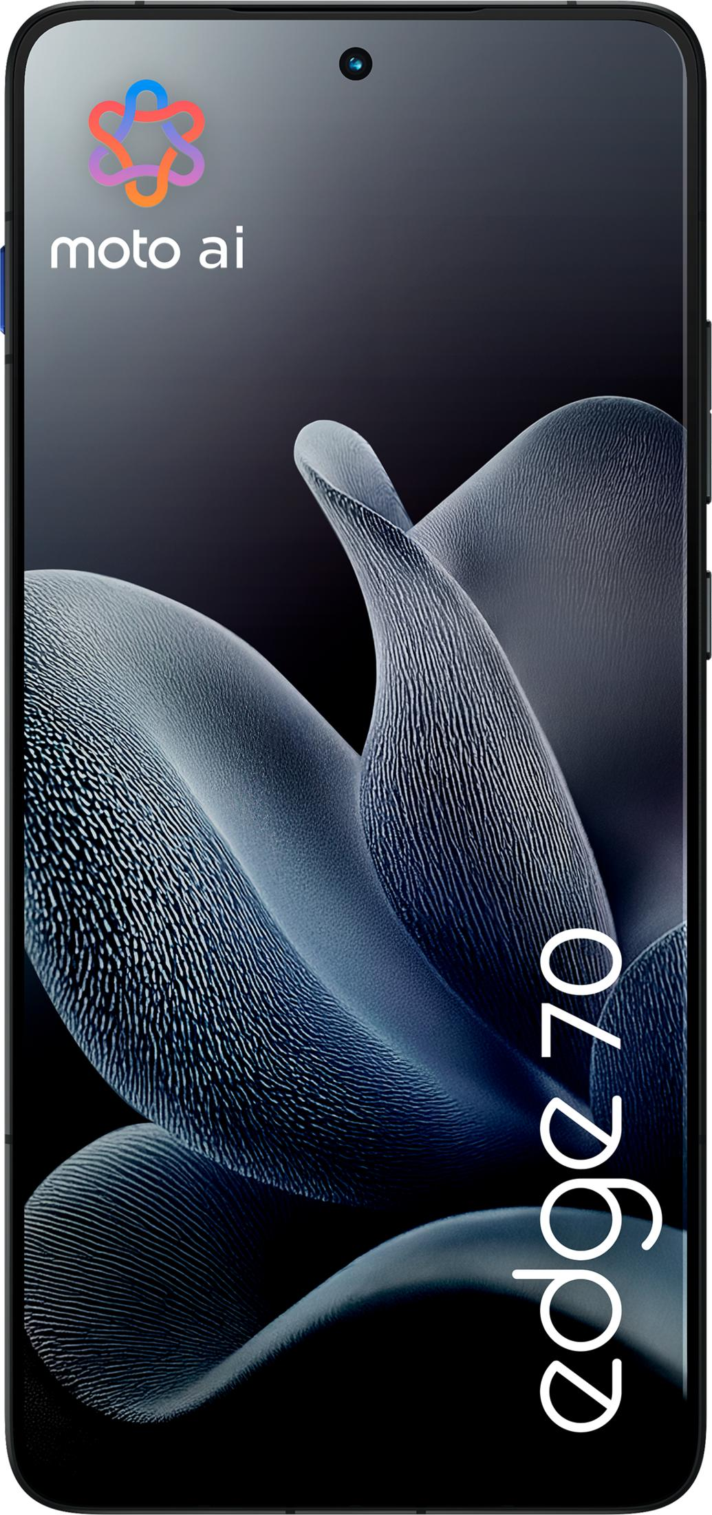 Smartfon z logo i napisem "moto ai" oraz "edge 70".