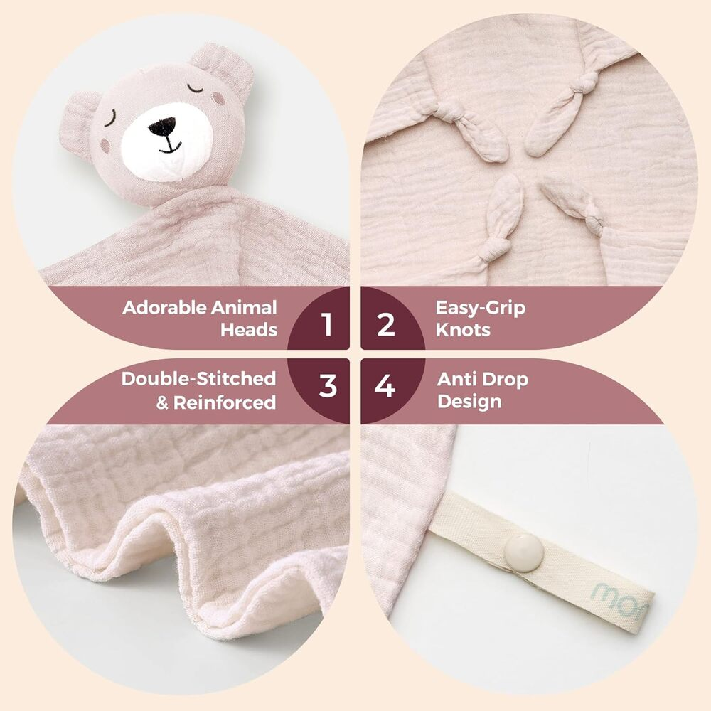 Ein rosa Teddybär-Schnuffeltuch mit vier Merkmalen: Tierkopf, Knoten, Nähte und Design.