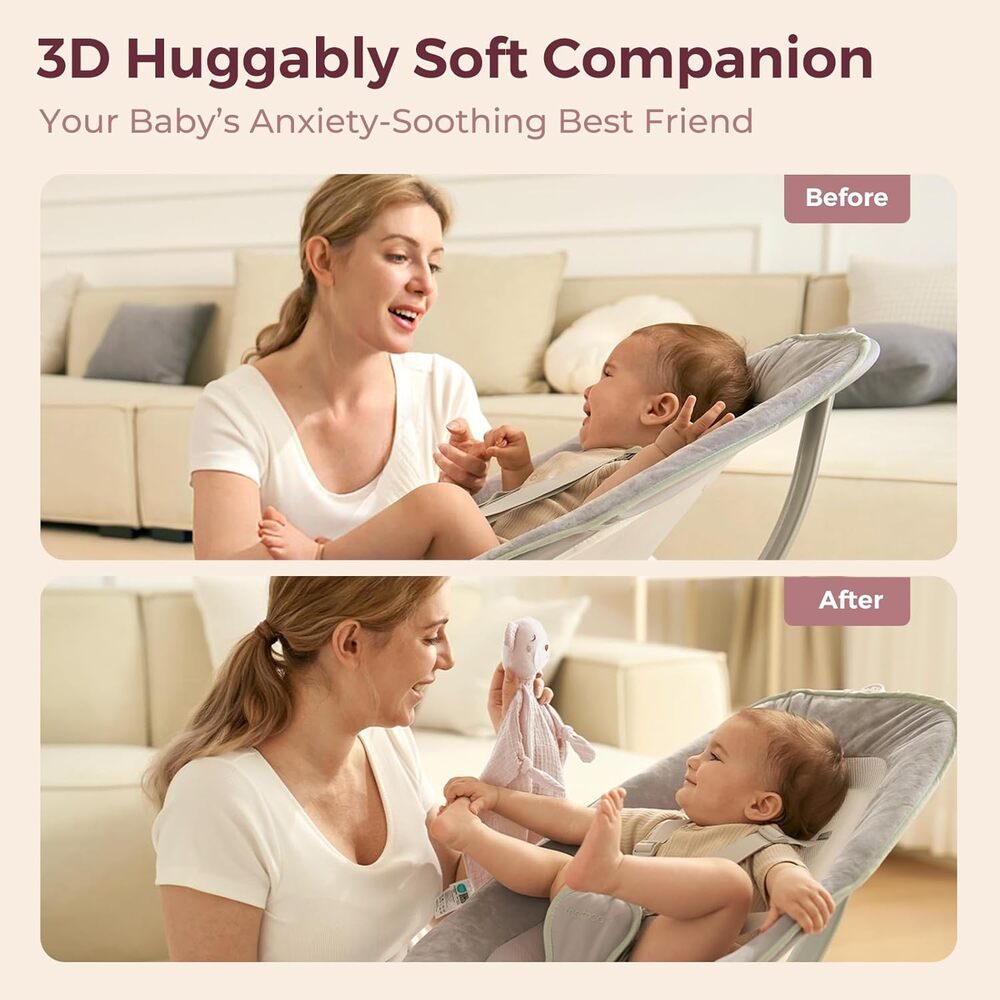 Frau mit Baby in einer Babywippe, vorher und nachher Vergleich.