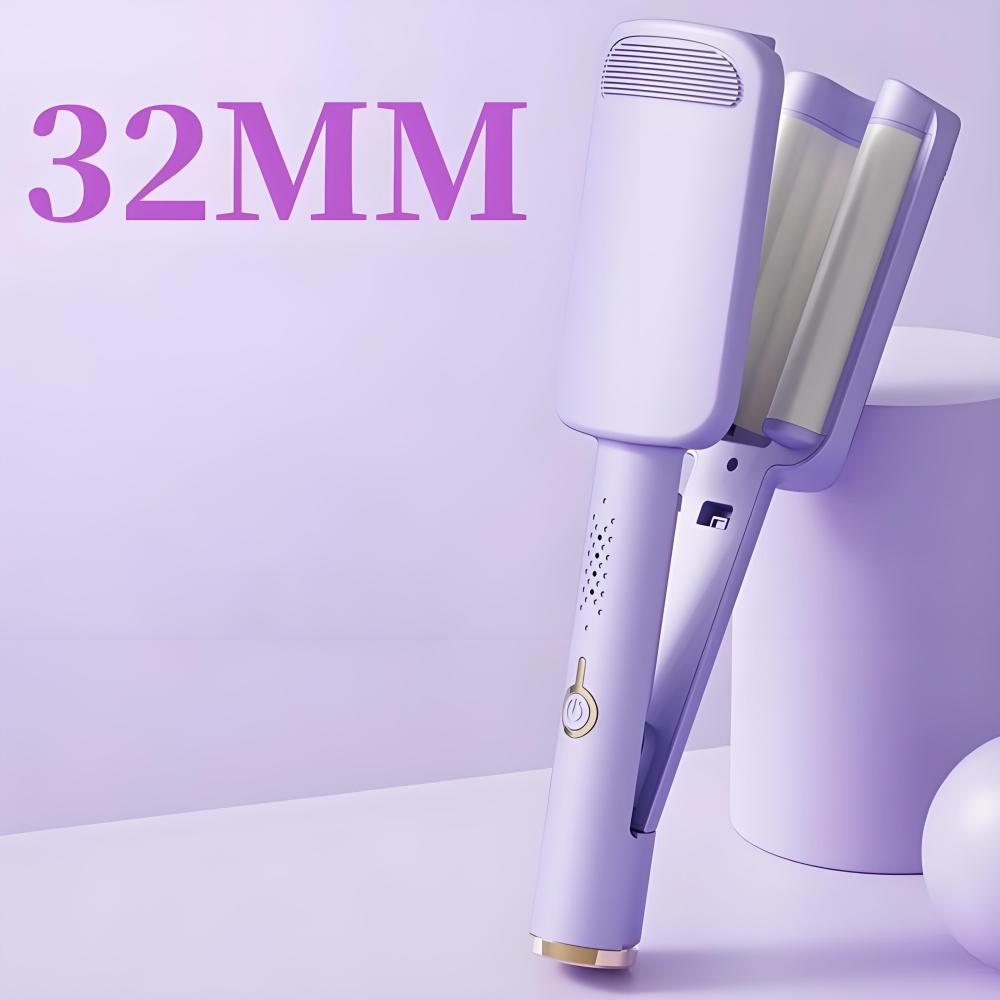 Lila Haarglätter mit 32-mm-Fassungen, auf einem hellvioletten Hintergrund.