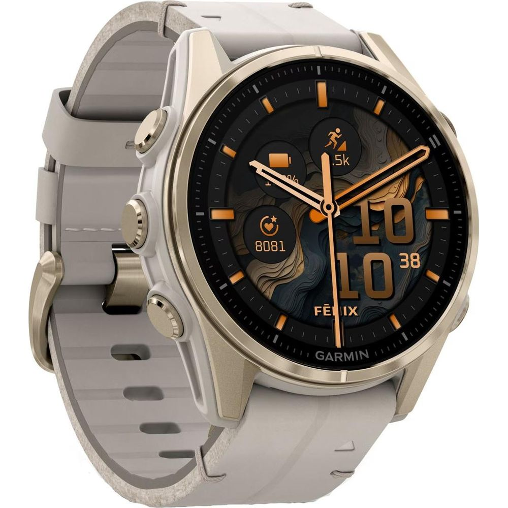 Biały smartwatch ze złotą ramką i szarym paskiem.