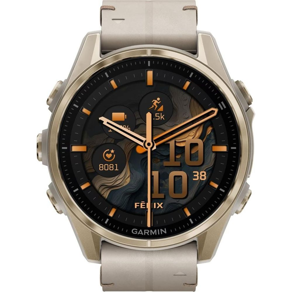 Złoty smartwatch z czarną tarczą wyświetlającą ikony biegania i czas.