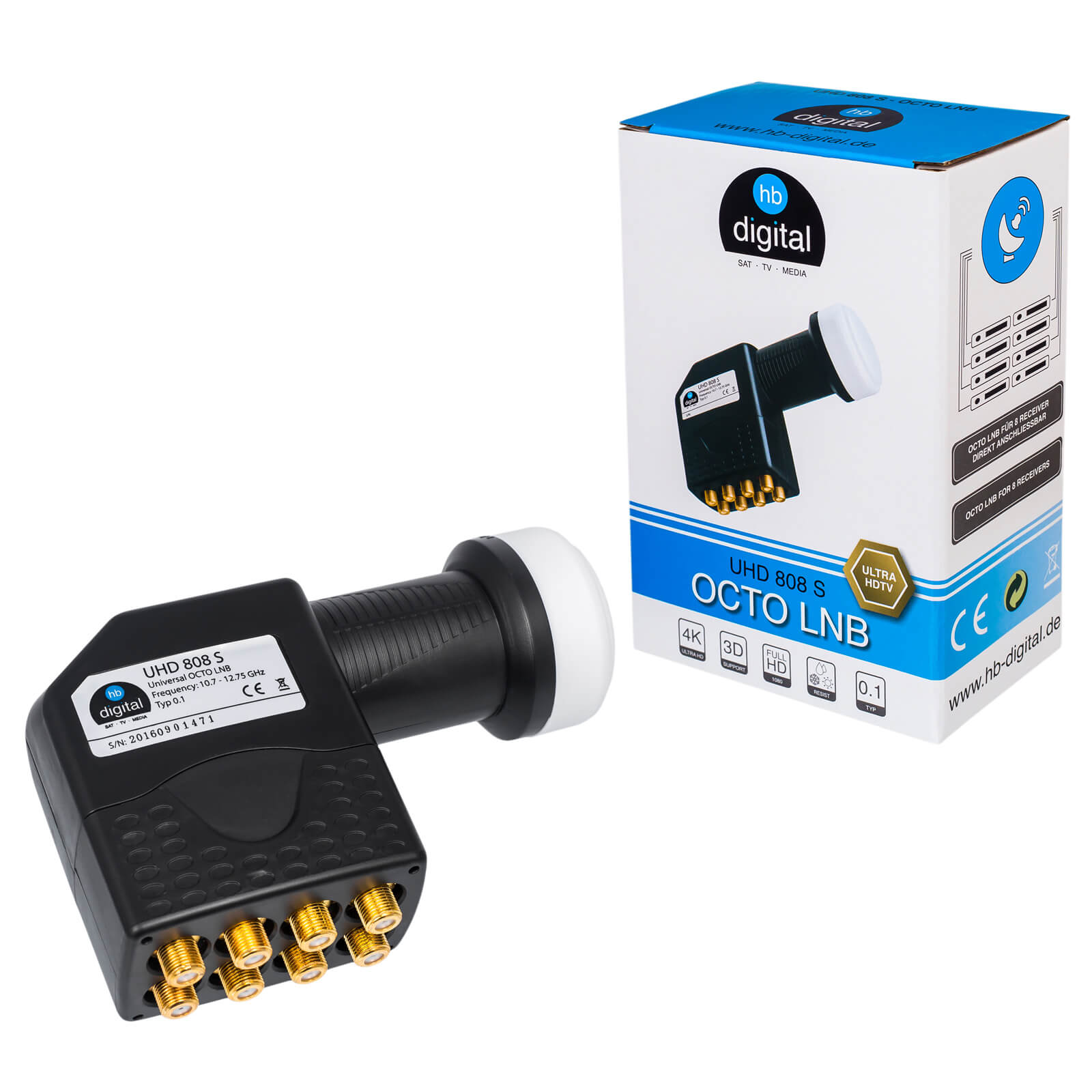 Ein schwarzer Octo LNB mit acht goldenen Anschlüssen neben einer Verpackung.