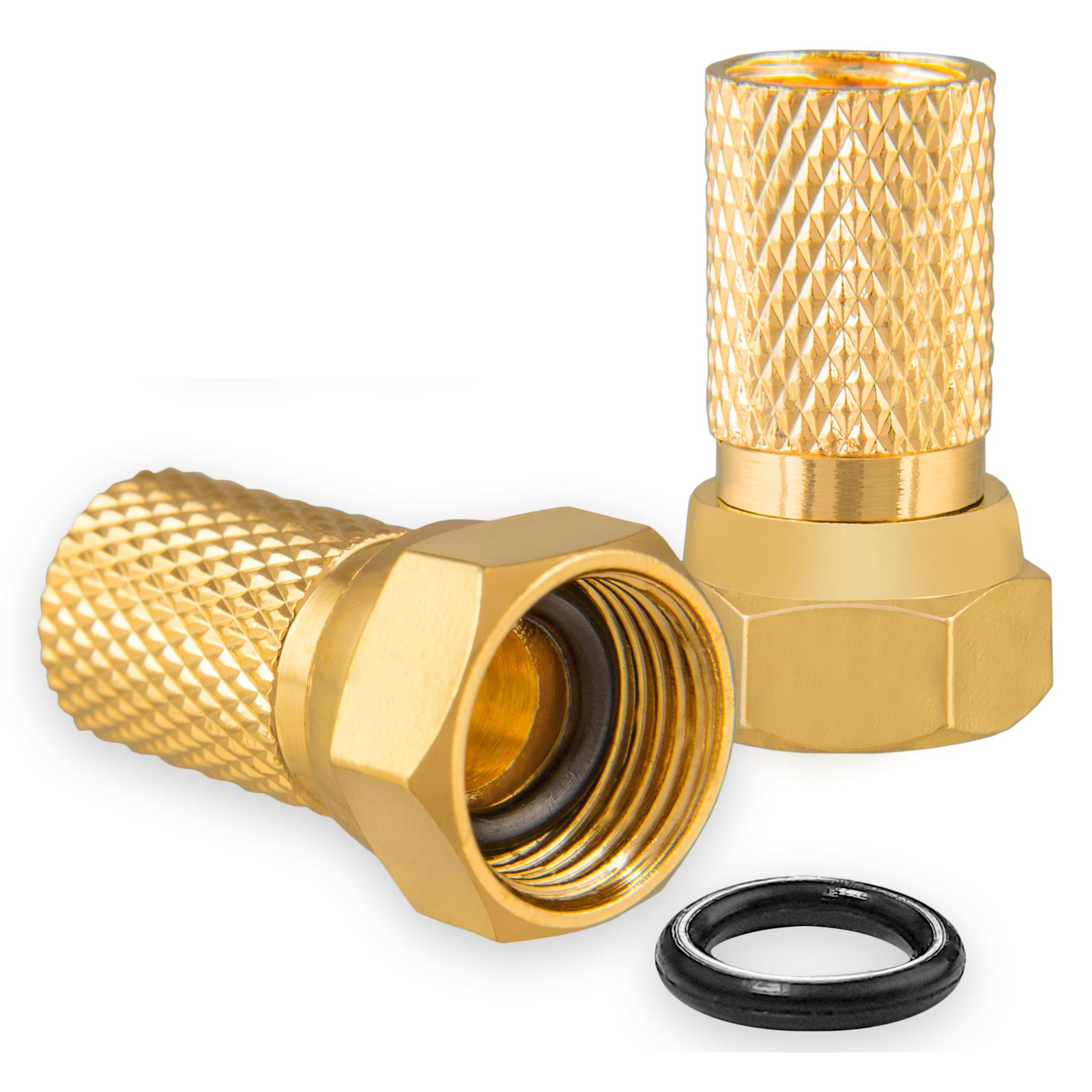 Zwei goldene Koaxialstecker mit Rändel und ein O-Ring auf weißem Hintergrund.