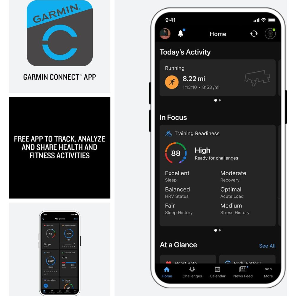 Aplikacja Garmin Connect na telefonie, pokazująca aktywność i gotowość do treningu.