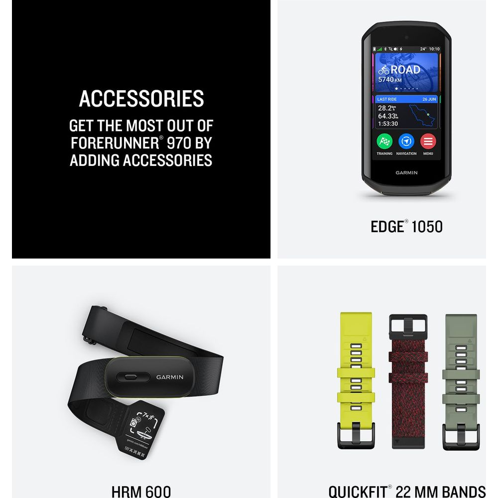 Garmin Edge 1050, HRM 600 i paski QuickFit żółty, czerwony i zielony.