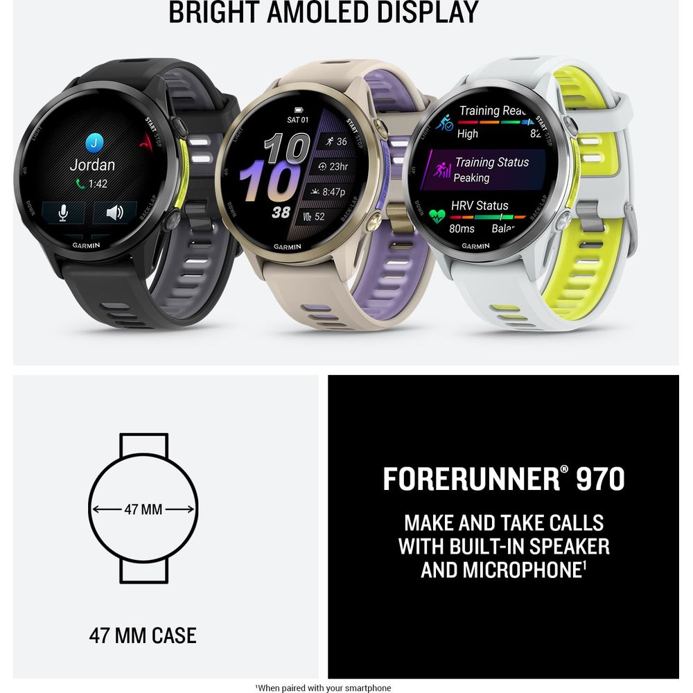 Trzy zegarki Garmin Forerunner w kolorach czarnym, beżowym i białym z żółtymi akcentami.