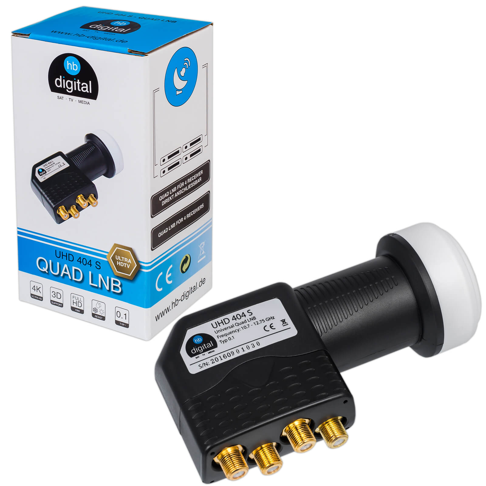 Ein schwarzer Quad LNB mit vier goldenen Anschlüssen und weißem Ende daneben.