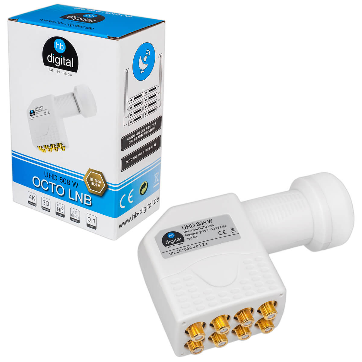 Ein weißer OCTO LNB und seine Verpackung mit digitalen Satellitenreceiver-Informationen.