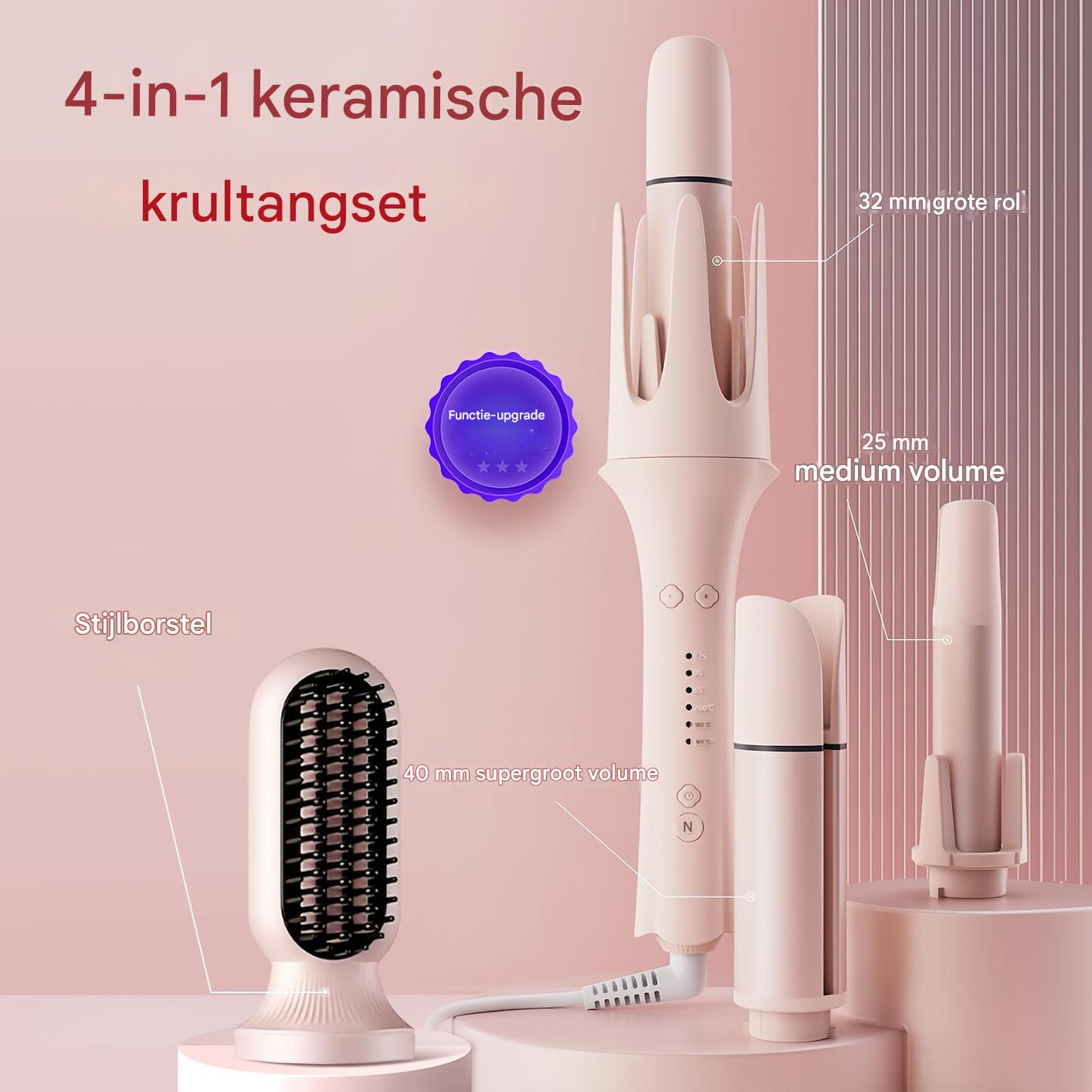 Ein Keramik-Haarstyler-Set mit verschiedenen Aufsätzen: Bürste, 32mm, 25mm, 40mm.
