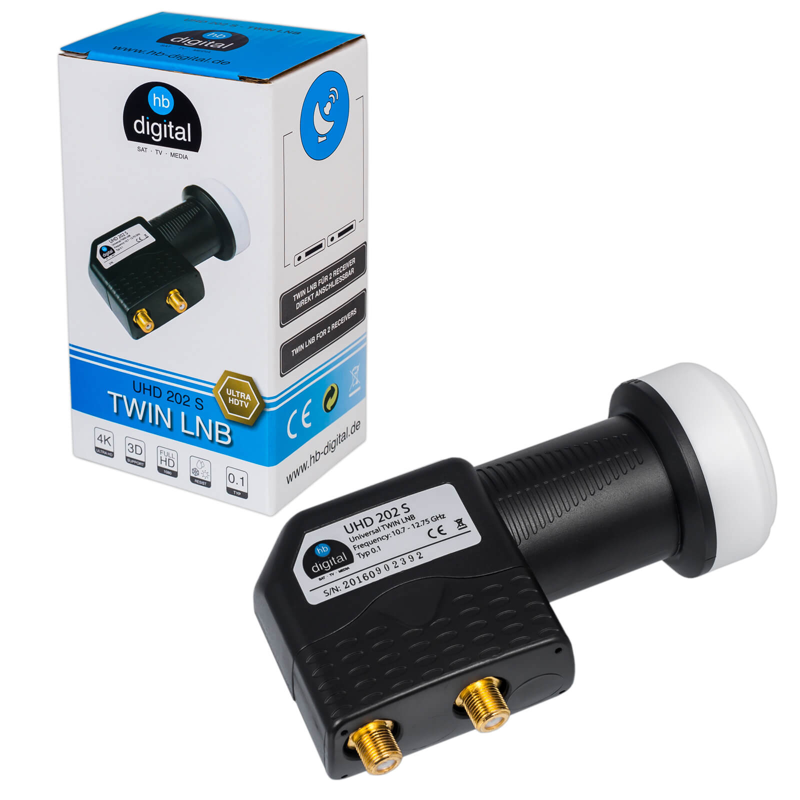 Ein schwarzer Twin LNB mit weißer Kappe und zwei goldenen Anschlüssen neben der Verpackung.
