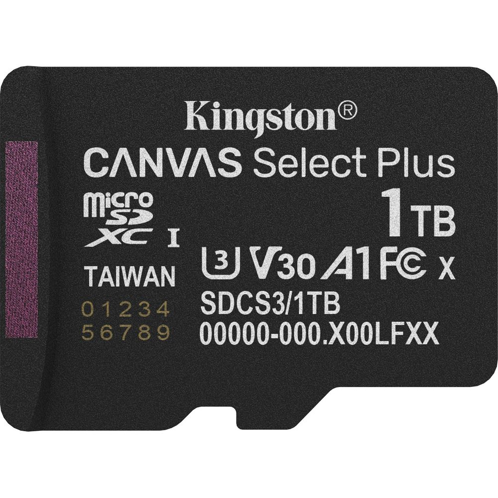 Karta Kingston 1TB MicroSDXC z etykietą 'Canvas Select Plus'.
