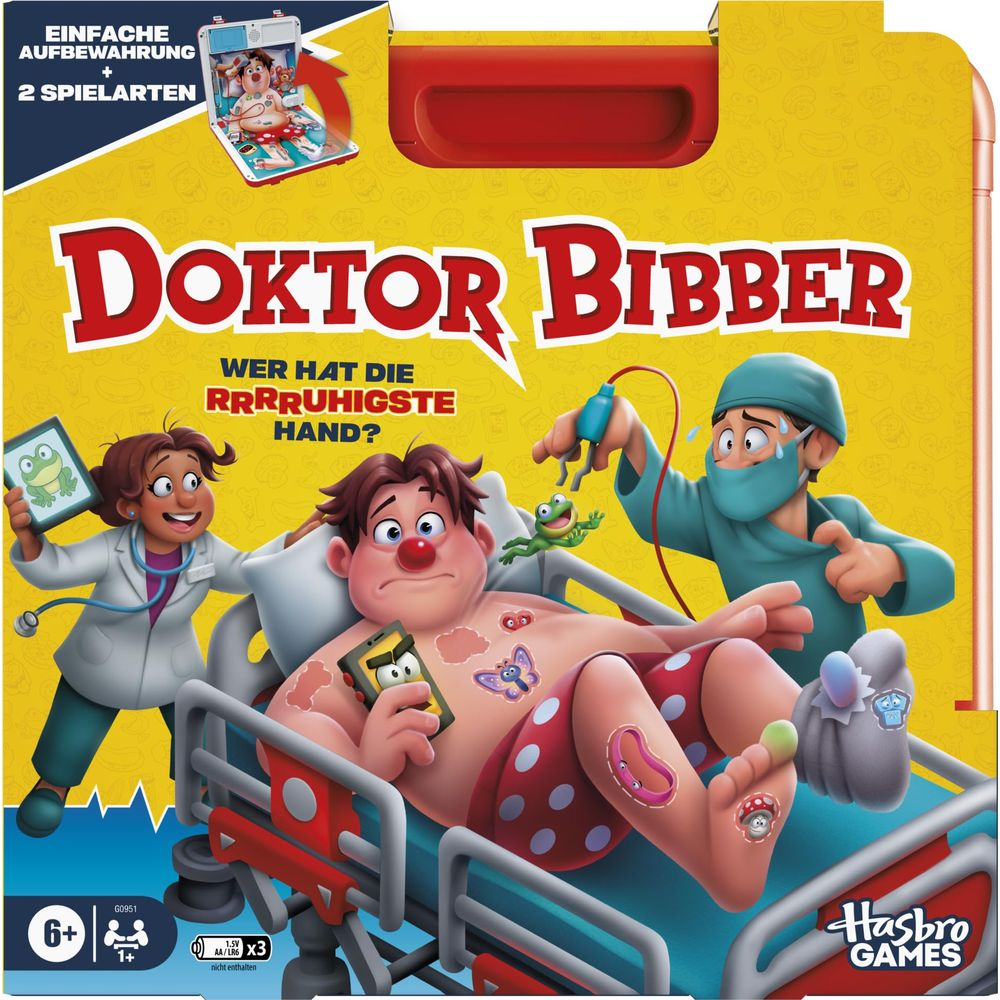 Tabellone di gioco con paziente, medici e strumenti medici divertenti.