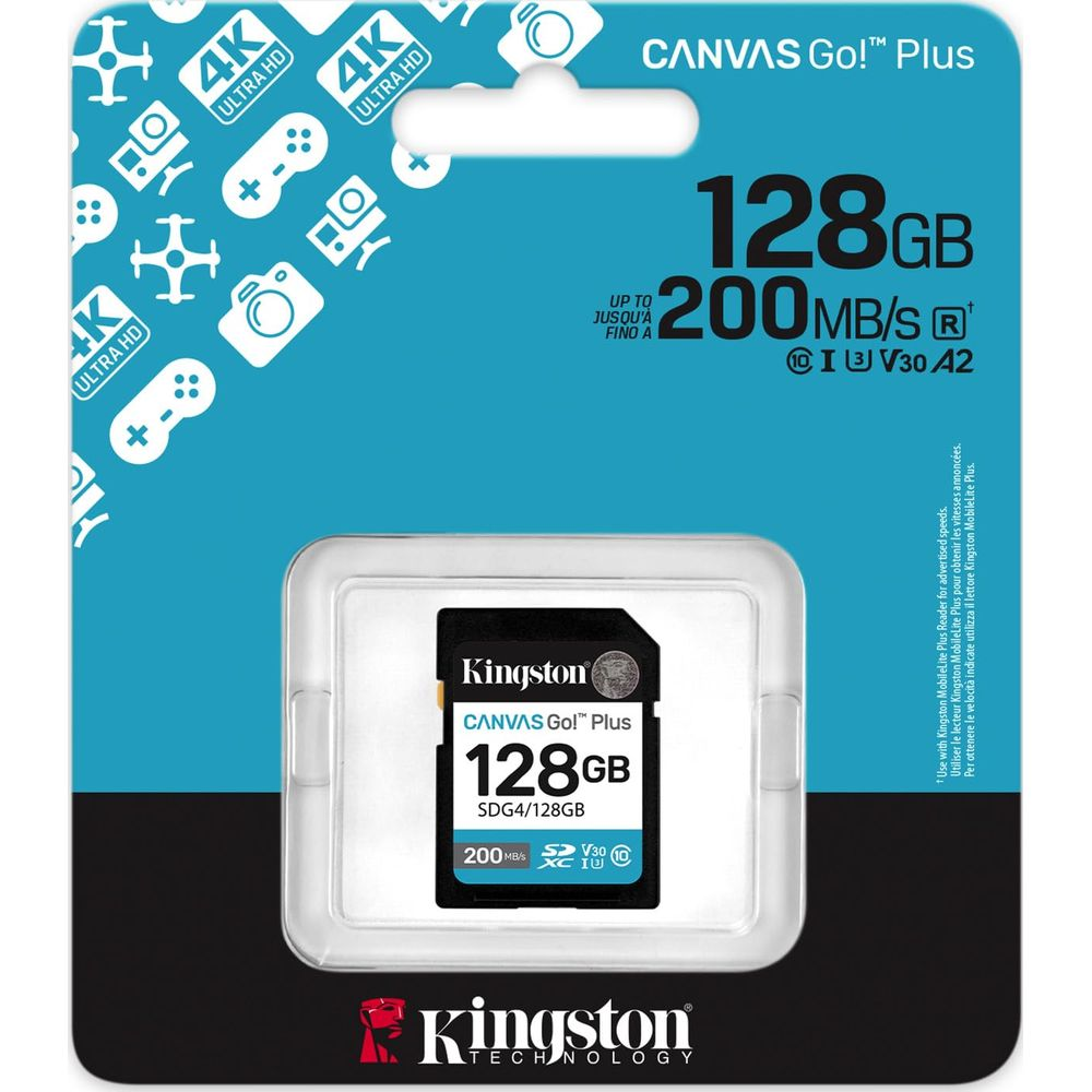 Opakowanie karty SD Kingston 128GB Canvas Go! Plus z ikonami 4K.