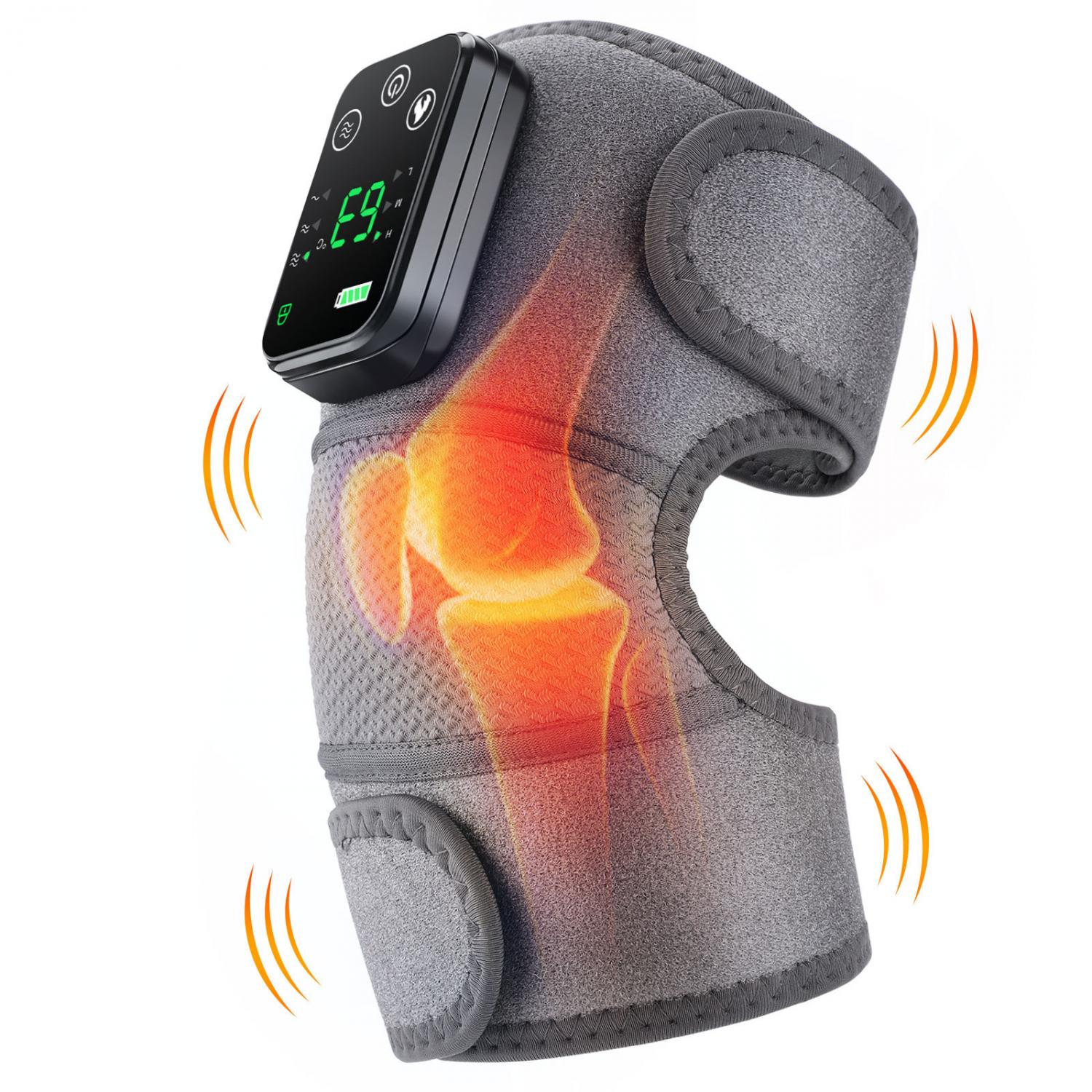 Graue Kniebandage mit Display, das eine warme Knieszene zeigt.
