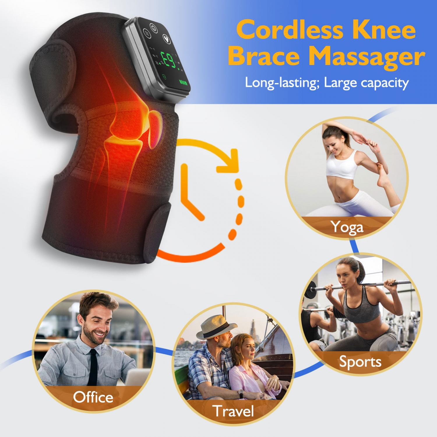 Knieorthese-Massagegerät mit Display, zeigt Yoga, Sport, Büro und Reisen.