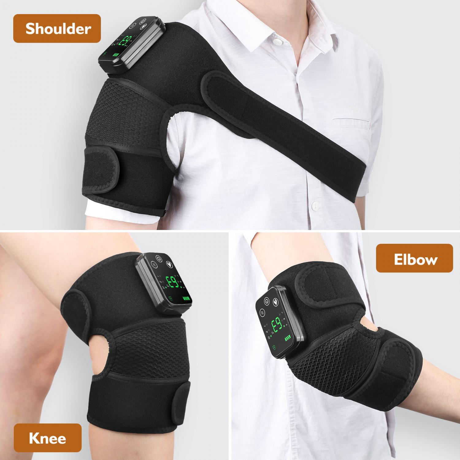 Collage aus schwarzen Schulter-, Knie- und Ellbogenbandagen mit Digitalanzeigen.