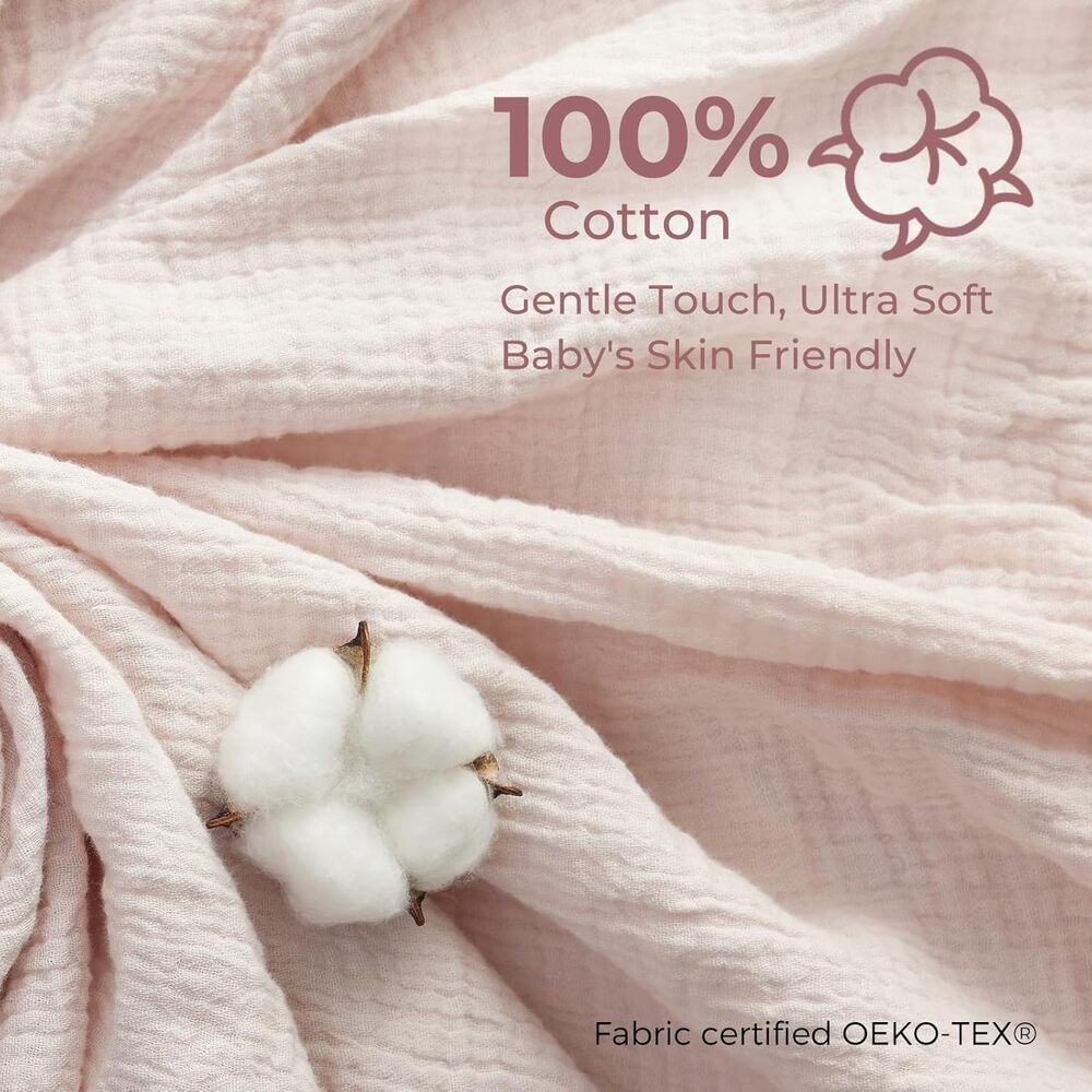 Rosa Stoff mit Baumwollblüte. 100% Baumwolle, sanft für Babyhaut.
