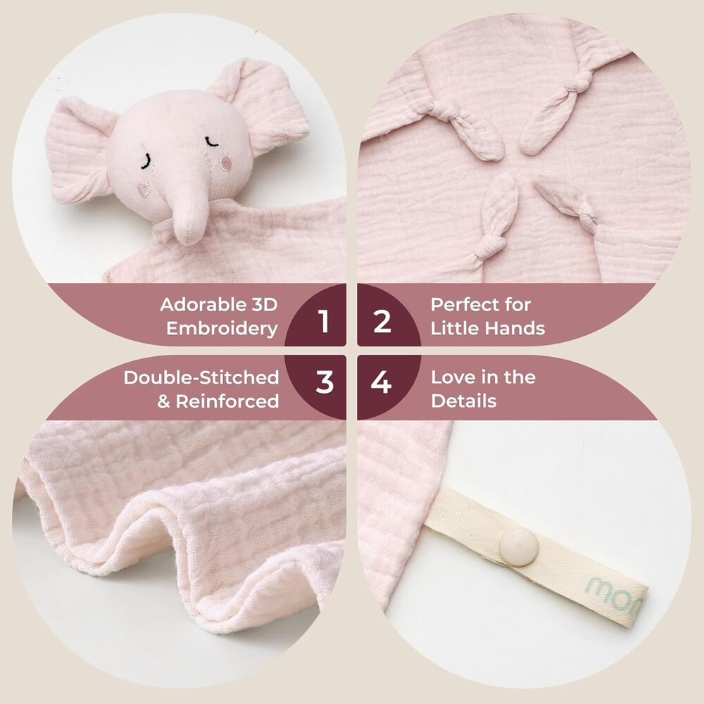 Rosa Elefanten-Kuscheltier mit 3D-Stickerei, geknoteten Ecken und Schlaufe mit Knopf.