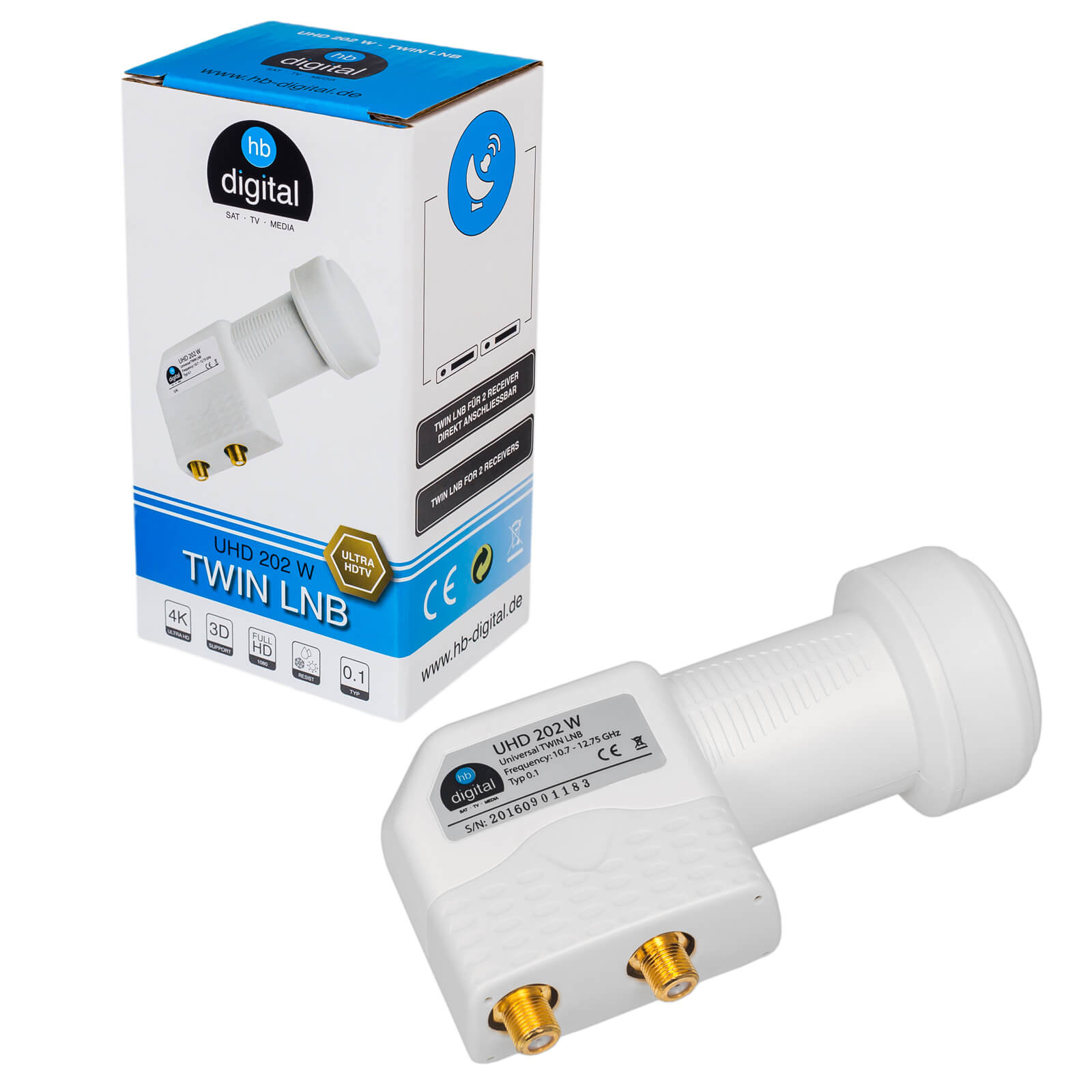 Ein weißer Twin LNB mit zwei goldenen Anschlüssen neben seiner Verpackung.