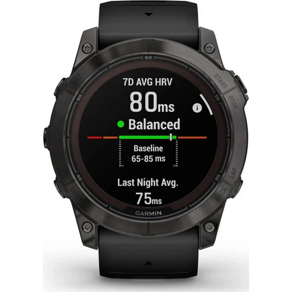 Czarny smartwatch wyświetla dane HRV: 80ms, Zrównoważony, Bazowy 65-85ms.