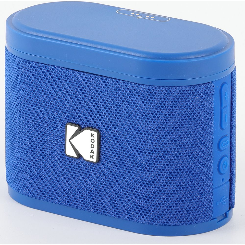 Un altoparlante portatile Kodak blu con controlli sul lato.