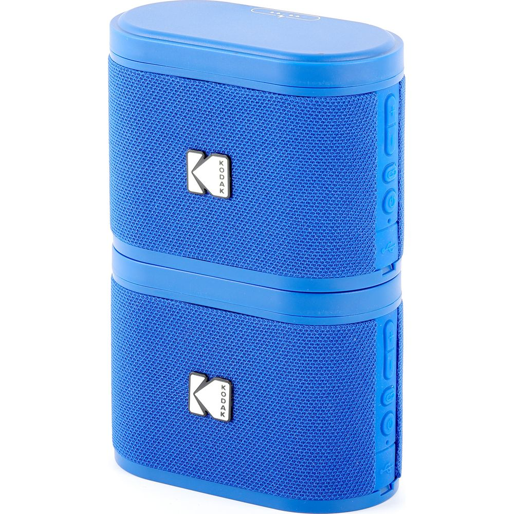 Due altoparlanti Bluetooth Kodak blu impilati uno sull'altro. Un logo K è a sinistra.